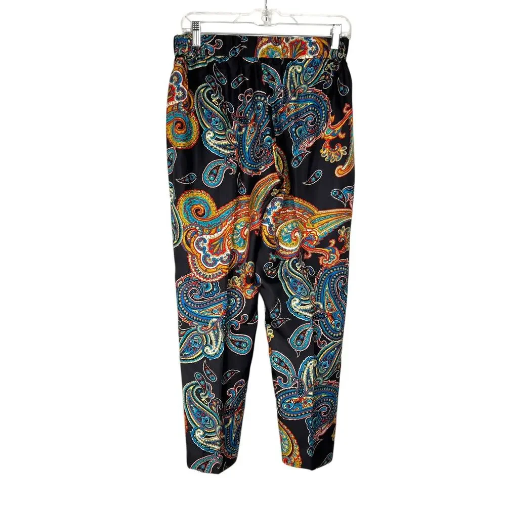 J.Crew Women's Size 6 Silk Black Multicolor Paisley Mid-Rise Pants Boho Slim